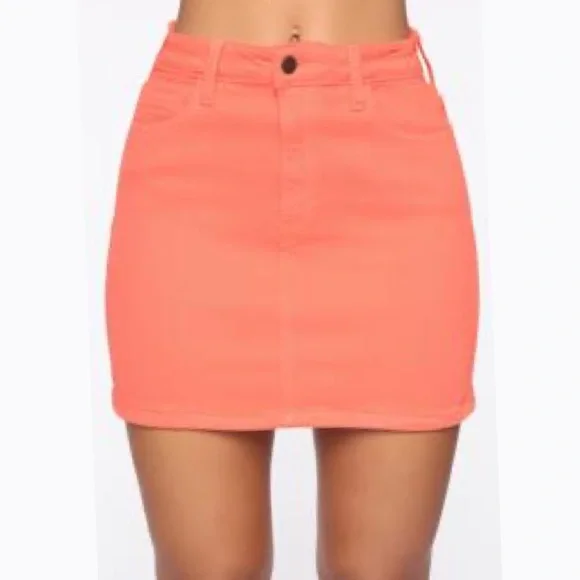 FASHION NOVA—NEON CORAL STRETCH—5 POCKET DENIM—MINI SKIRT!! (BNWT/IN ORIGINAL)!! - Picture 3 of 9